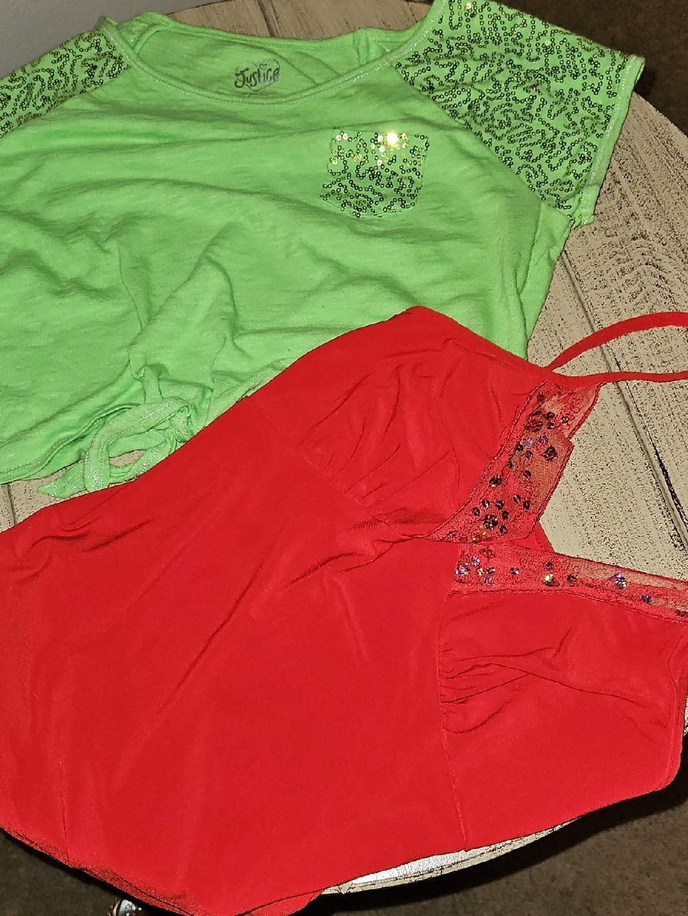 Justice Lime Green Sequin Sleeve Top And Red Camisole